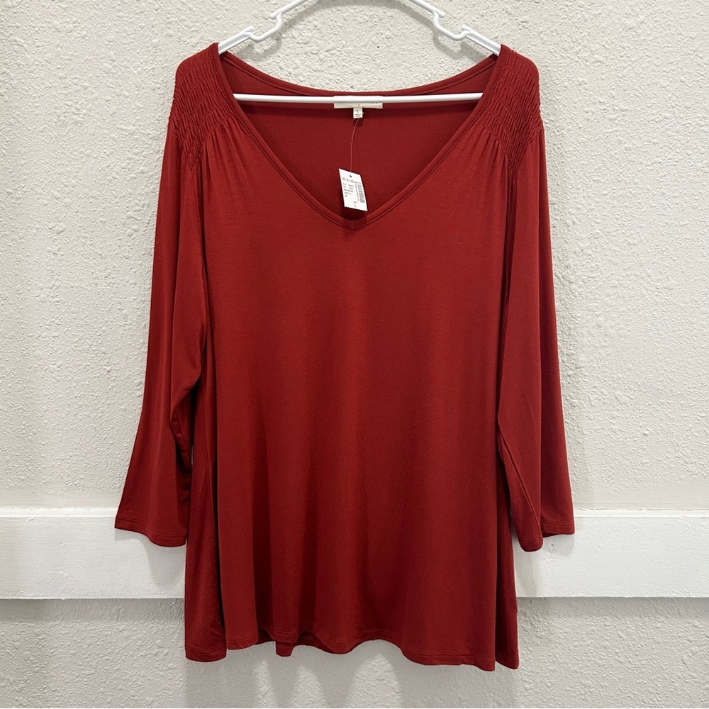 Retrology by Dressbarn Burnt Orange 3/4 Sleeve Wide V-Neck Top Size Large